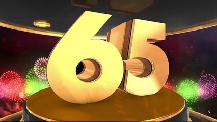 65th anniversary animation in gold with fireworks background, 
Animated 65 years anniversary Wishes in 4K