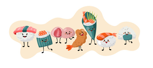 Japanese food in doodle kawaii style