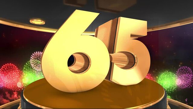 65th anniversary animation in gold with fireworks background, 
Animated 65 years anniversary Wishes in 4K