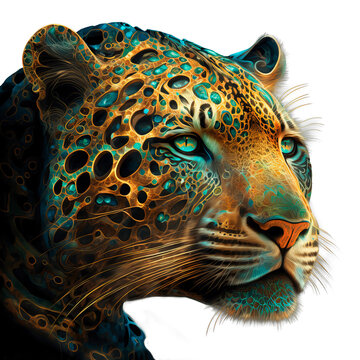 Generative AI. Ilustration of a beautiful and colorful jaguar in psychedelic art, as a totemic animal