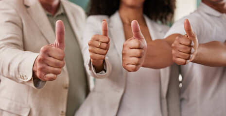 Business people, hands and thumbs up for winning, agreement or good job at the office. Group of...