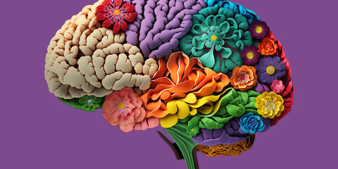 Colorful brain illustration using various plant flora to form the shape, isolated on plain colored background
