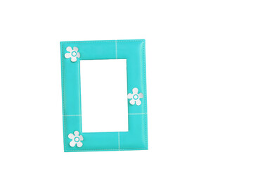 emerald  leather frame on a light wooden background. Isolate on white. PNG

