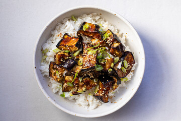 Miso aubergine with seasme seeds and rice