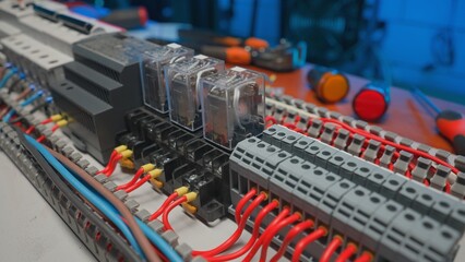 Electrical panel with many red and blue wires, electrical parts, automatic switches, breakers, residual current devices. Close up of a electrical switch and screwdriver on a table.