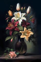 a beautiful bouquet of roses lilies and pansies, detailed oil painting