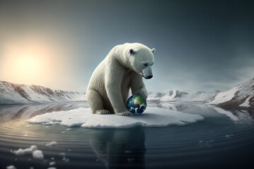 Climate change illustration - Polar bear on a melting ice floe keeps a firm grip on the earth as a symbol. Environmental protection and climate change background. Climate Global warming in flux - AI g