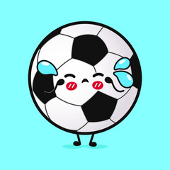 Cute crying Soccer ball character. Vector hand drawn cartoon kawaii character illustration icon. Isolated on blue background. Sad Soccer ball character concept