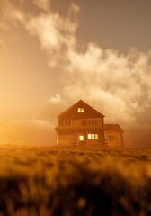 House with lit windows in countryside under a cloudy sky. 3D rendering.