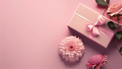 Valentine's Day and Mother's Day design concept background with pink flowers and gift on pink background. Generative AI.