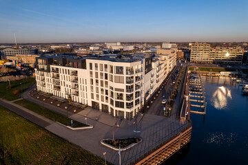 Exterior facade of Noorderhaven neighbourhood real estate at riverbed of the IJssel in Zutphen, The...