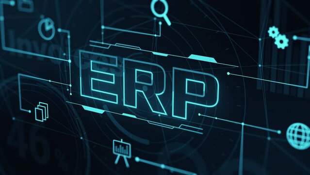 enterprise resource planning, ERP software, corporate company management business and technology concept, charts data and reports, futuristic graphic interface (3d render)