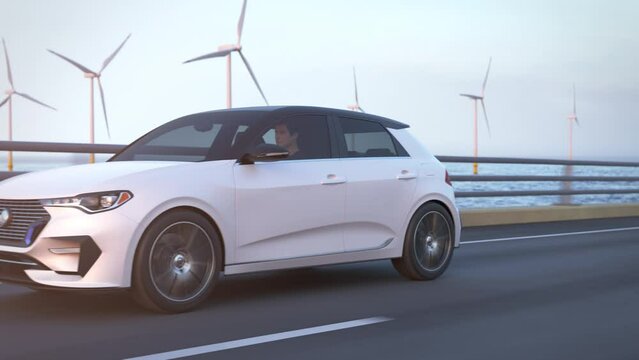 Side view of an autonomous electric car driving along a bridge or coastal highway into the sunset with wind turbines in background. Green energy concept. Realistic high quality 3d animation.