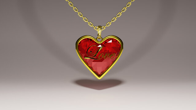 Gold necklace with a red heart-shaped diamond pendant on a white background. It's a Valentine's Day gift, valentine's day jewelry.