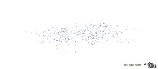 Background plume silver crumbs. Silverish dust, isolated. Sand particles. Confetti, carefully placed by hand. Vector.