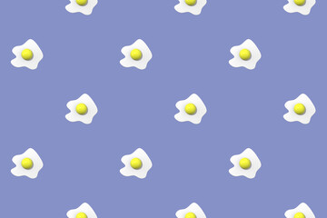 pattern. Image of chicken egg on pastel blue background. Egg with round yolk. Surface overlay pattern. 3D image. 3D rendering. Horizontal image.