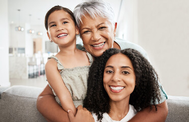 Family, generations and hug with love in portrait and care at home, mother and grandmother with...