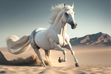 Naklejka na ściany i meble the galloping white horse on desert background. Generative Ai