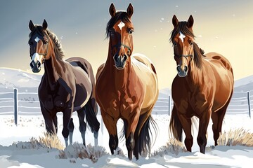 Free three Arabian horses on a field during the winter. Generative AI