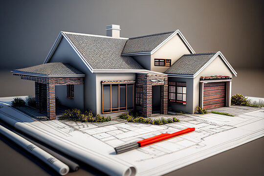 House Project Construction. Family House Design Project. Luxury Villa Under Construction. Modern Residential Area, New Apartment Building. Real Estate Architectural Application. Home Model, Drawing.