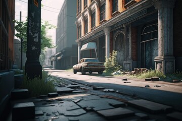 Abandoned city post apocalypse empty street background. Generative AI