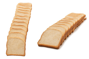 Delicious bread slices isolated on a white background, top view.