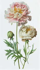Peony in acrylic paint, Flower Illustration Set. Invitations and Cards. Generative AI