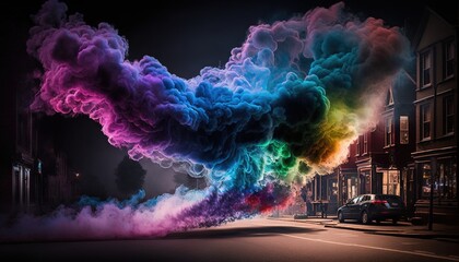 Obraz na płótnie Canvas Smoke with colorful rainbow color on the city street with night background. Generative AI.