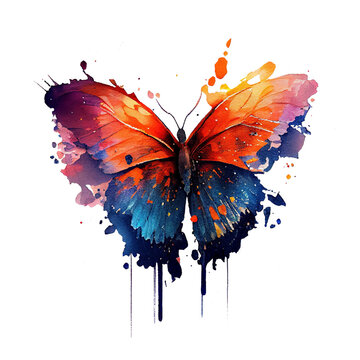 Watercolor beautiful colorful butterfly, splashing, isolated on white background. Generative AI