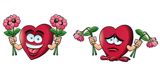 Cartoon Valentines hart before and after he is rejected by his girlfriend - obrazy, fototapety, plakaty