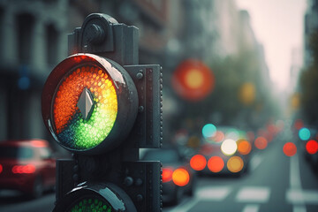 Traffic lights on fantasy city street background. AI generated image