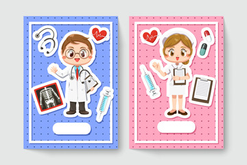 card of cheerful doctor and nurse in cartoon character
