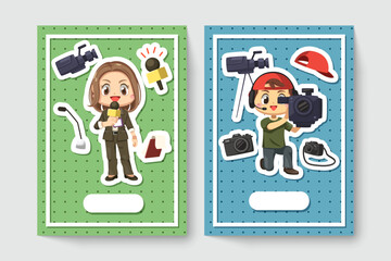 Card of cheerful female journalist and videographer in cartoon character