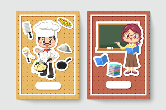 Card of chef man and female teacher in cartoon character vector