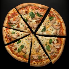 Pizza mit Chicken-Streifen (Hähnchen) und leckerem Käse von oben vor einem schwarzen Hintergrund (Food-Design / Generative AI)