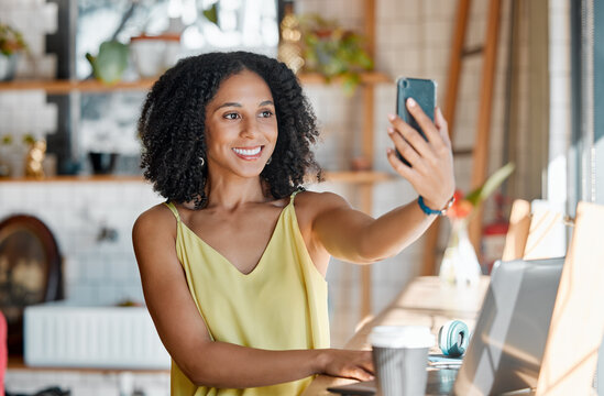 Black woman, coffee shop and selfie with smile, happiness and relax for social media, app or profile picture. Young gen z girl, student and cafe with smartphone, photo and laptop for research study