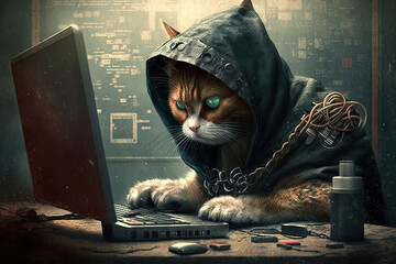hacker cat working job profession illustration generative ai