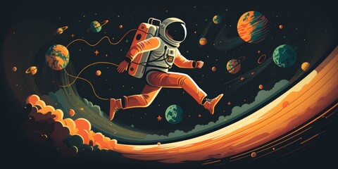 Conceptual creative work featuring a businessman in a spacesuit flying in the skies. Astronomy, art, dreams, astronautics, and the Day of Human Space Flight are all concepts. creative thinking