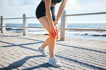 Sports woman, knee pain or red glow by beach fitness, ocean workout or sea training in healthcare wellness crisis. Legs injury, hurt or body stress for runner with burnout on medical anatomy