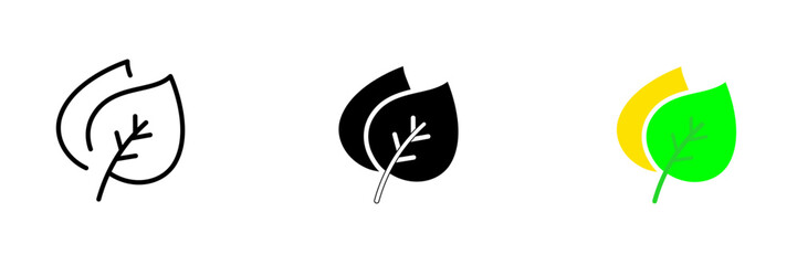 Two leaves. Green and yellow, autumn, summer, spring, foliage, plants, seasonings, herbs, vegetarian, vegan, salad. Vector set icon in line, black and colorful styles isolated on white background