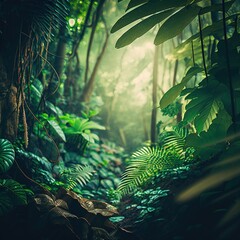 Adventure nature background of green forest.Generative AI