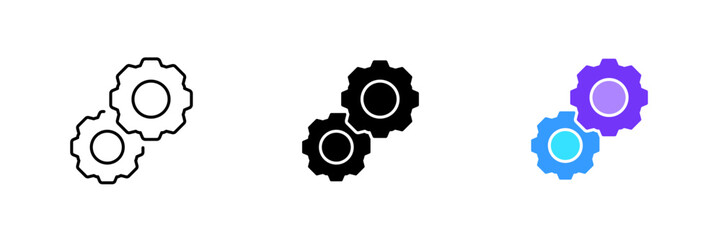 Gears. Mechanism, work, engineering, design, construction, software development, technology, engineer. Vector set icon in line, black and colorful styles isolated on white background
