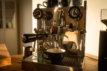 Freshly Brewed Espresso from Home Portafilter Machine in Morning Sunlight