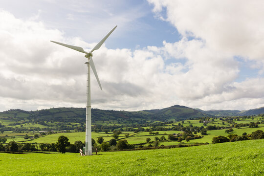 Wind turbine in the rural farming landscape above the Tanat Valley in Powys North Wales