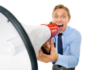 An overjoyed young man using a megaphone to announce some good news isolated on a png background.