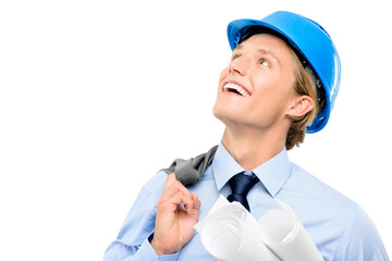 A handsome young contractor standing alone and looking contemplative while holding blueprints isolated on a png background.