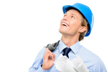 A handsome young contractor standing alone and looking contemplative while holding blueprints isolated on a png background.