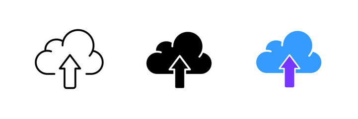Cloud storage with up arrow. Upload to cloud, remote server, store the data, modern technology, internet, information. Vector set icon in line, black and colorful styles isolated on white background