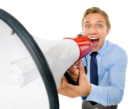 An overjoyed young man using a megaphone to announce some good news isolated on a png background.