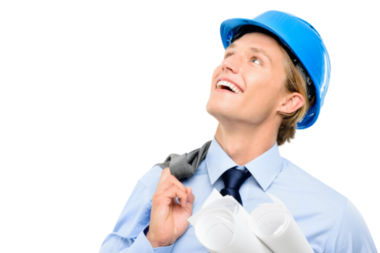 A handsome young contractor standing alone and looking contemplative while holding blueprints isolated on a png background.